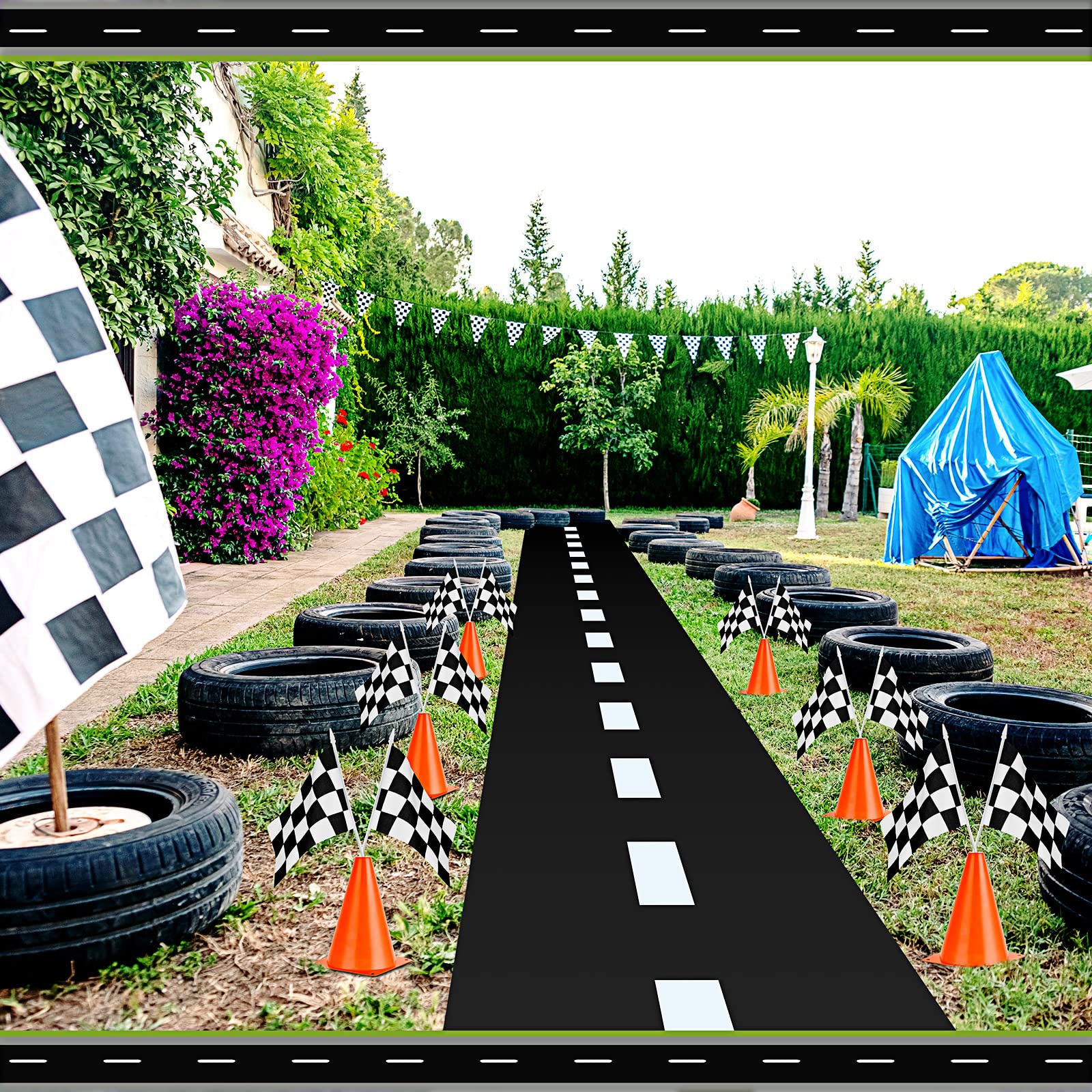 Racetrack Floor Running Black Racer Party Decoration Mat Road Table Runner Long Racetrack Tablecloth Drag for Party (Fresh Style,32 ft x 2 ft)