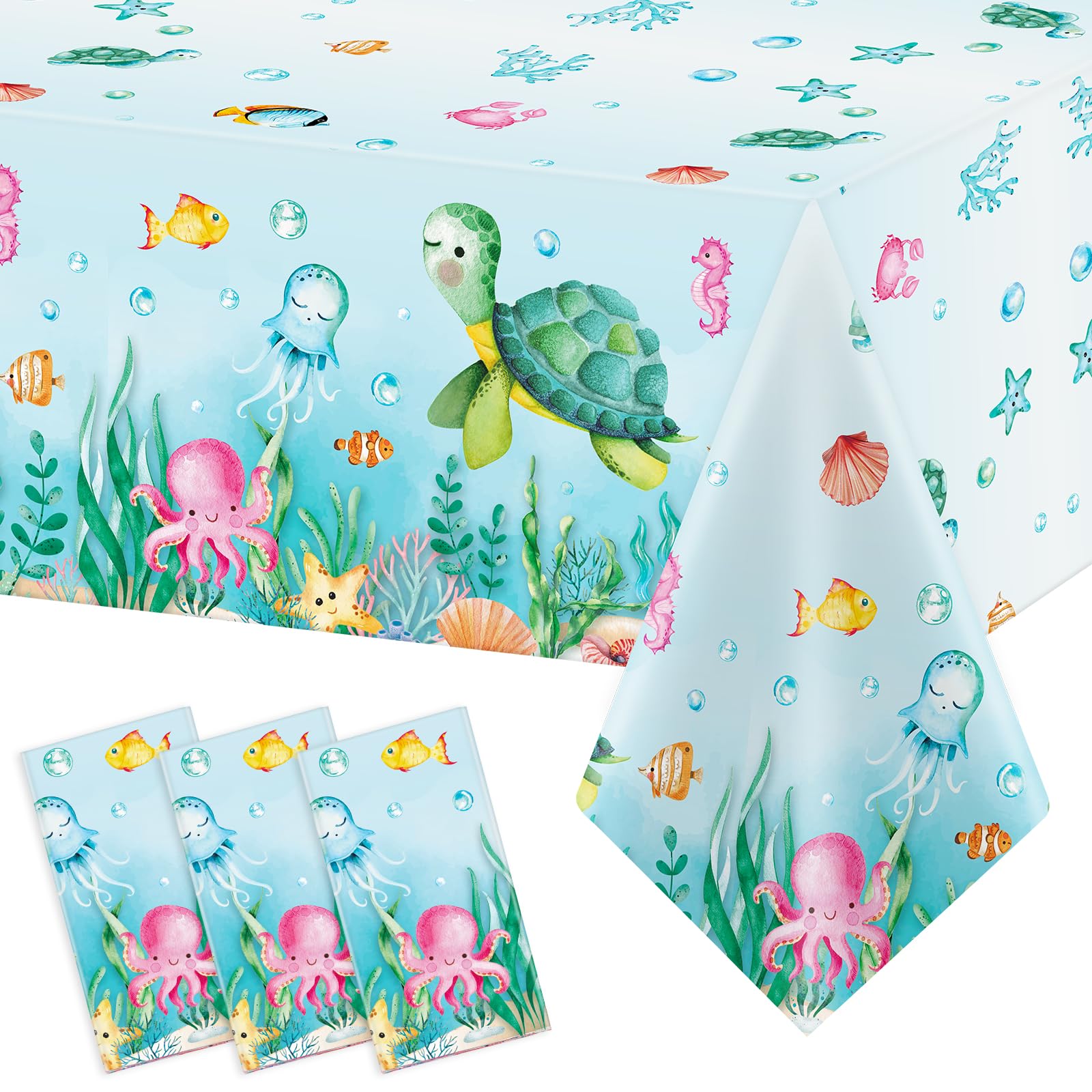 Preboun Ocean Turtle Tablecloth, 3 Pcs Plastic Disposable Rectangular 54 x 108 Inch, Stain Resistant Waterproof Table Covers for Sea Party, Baby Shower Decorations, Birthday, Summer