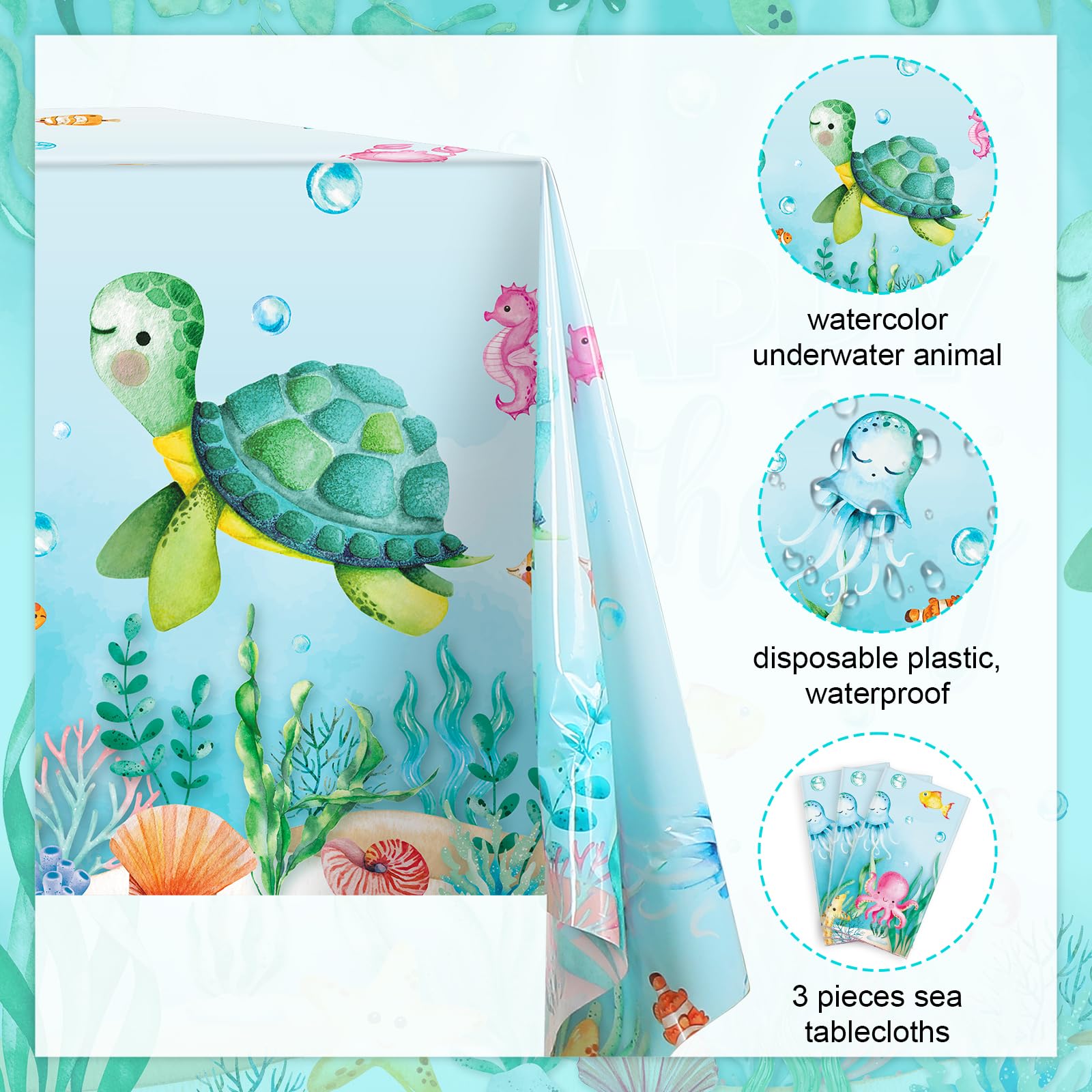 Preboun Ocean Turtle Tablecloth, 3 Pcs Plastic Disposable Rectangular 54 x 108 Inch, Stain Resistant Waterproof Table Covers for Sea Party, Baby Shower Decorations, Birthday, Summer