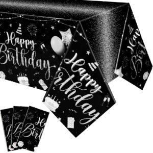 Tudomro 3 Pcs Happy Birthday Tablecloths Happy Birthday Decorations Plastic Table Cover Rectangular Cloths for Women Men Baby Shower Birthday Party Supplies, 108 x 54 Inch (Black Silver)