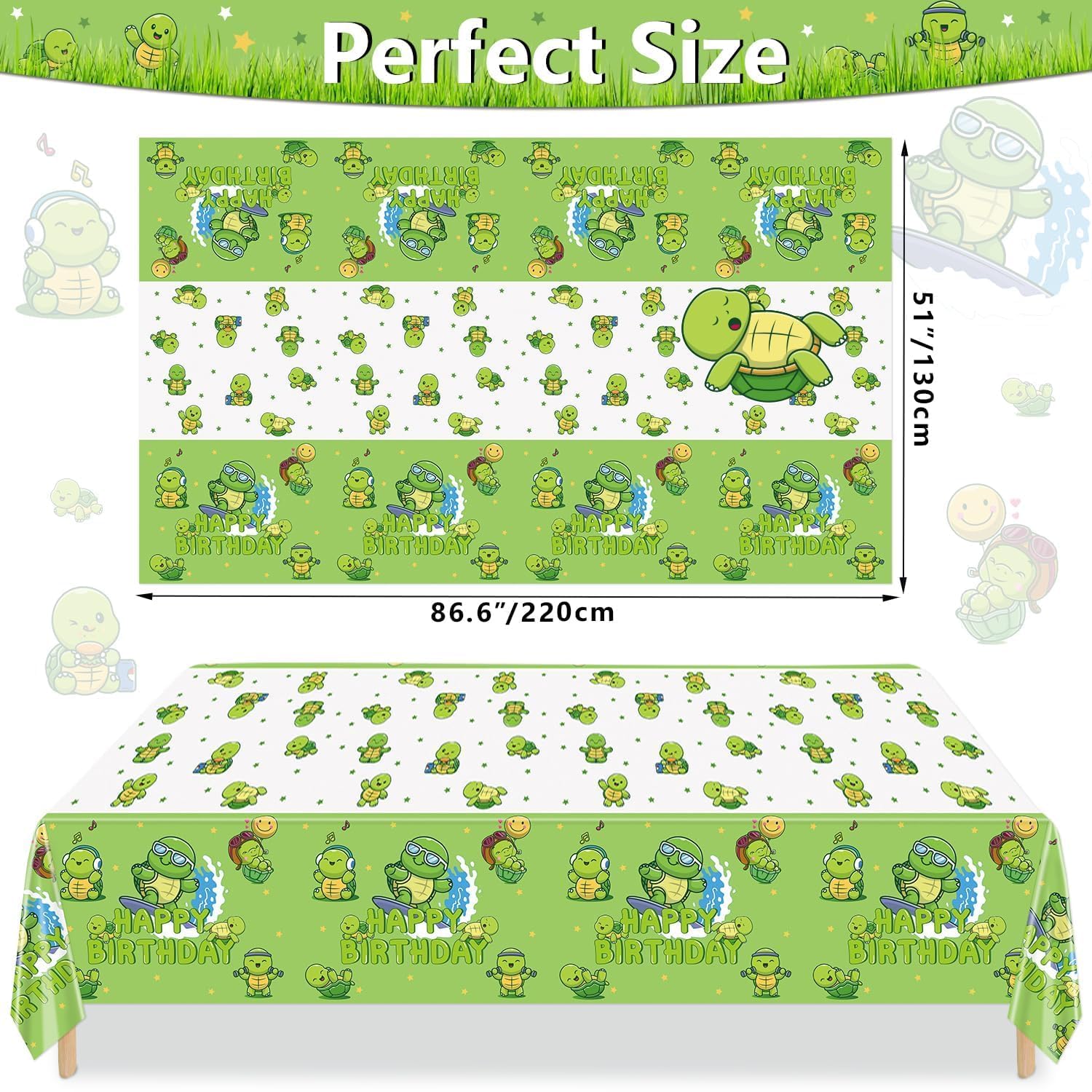 PTECDROTS 4Pcs Turtle Tablecloth, Cute Turtle Party Table Covers, Rectangular Table Decoration for Under The Sea Party Decorations Turtle Birthday Party Decorations Supplies，51 x 86.6 Inch