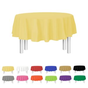 yellow disposable plastic tablecloth for round tables (12 pack) 84 inches table cloths for parties, events & weddings, indoors & outdoors, plastic table cover