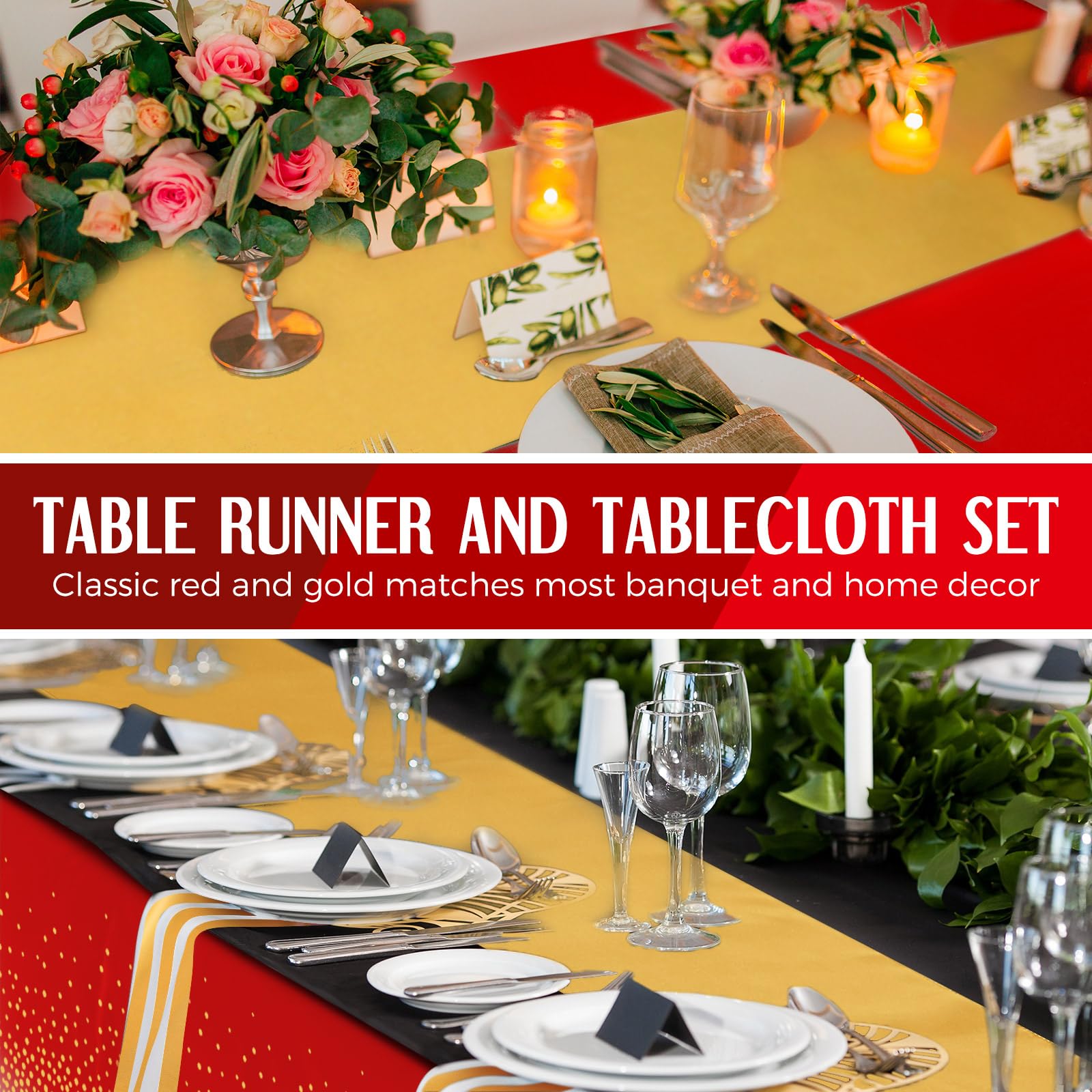 Tudomro 16 Pieces Disposable Tablecloth Plastic Rectangle Table Cloth Table Cover 54 x 108 Inch with 12 x 108 Inch Satin Table Runner for Wedding Birthday Party Decorations (Red,Gold)