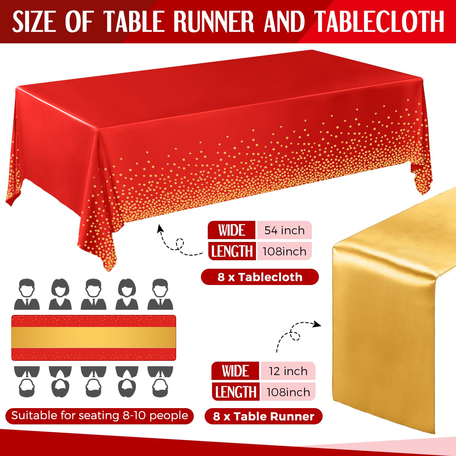 Tudomro 16 Pieces Disposable Tablecloth Plastic Rectangle Table Cloth Table Cover 54 x 108 Inch with 12 x 108 Inch Satin Table Runner for Wedding Birthday Party Decorations (Red,Gold)