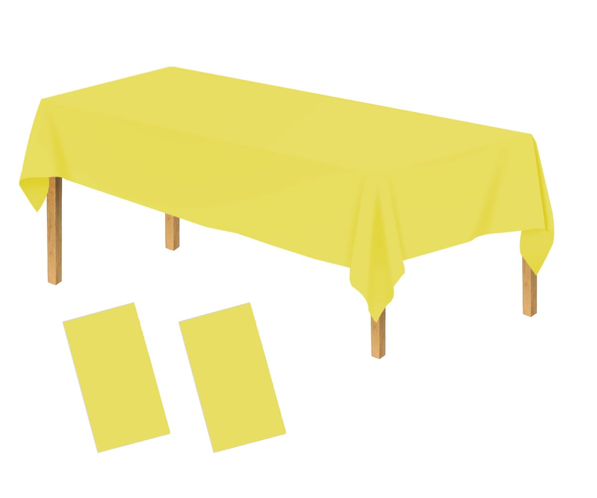 RCFFDL Plastic Yellow Tablecloth, 2 Pack Disposable Table Cover for Rectangle Table, Dining Tablecloths Decorative for Parties, Wedding, Indoors and Outdoors