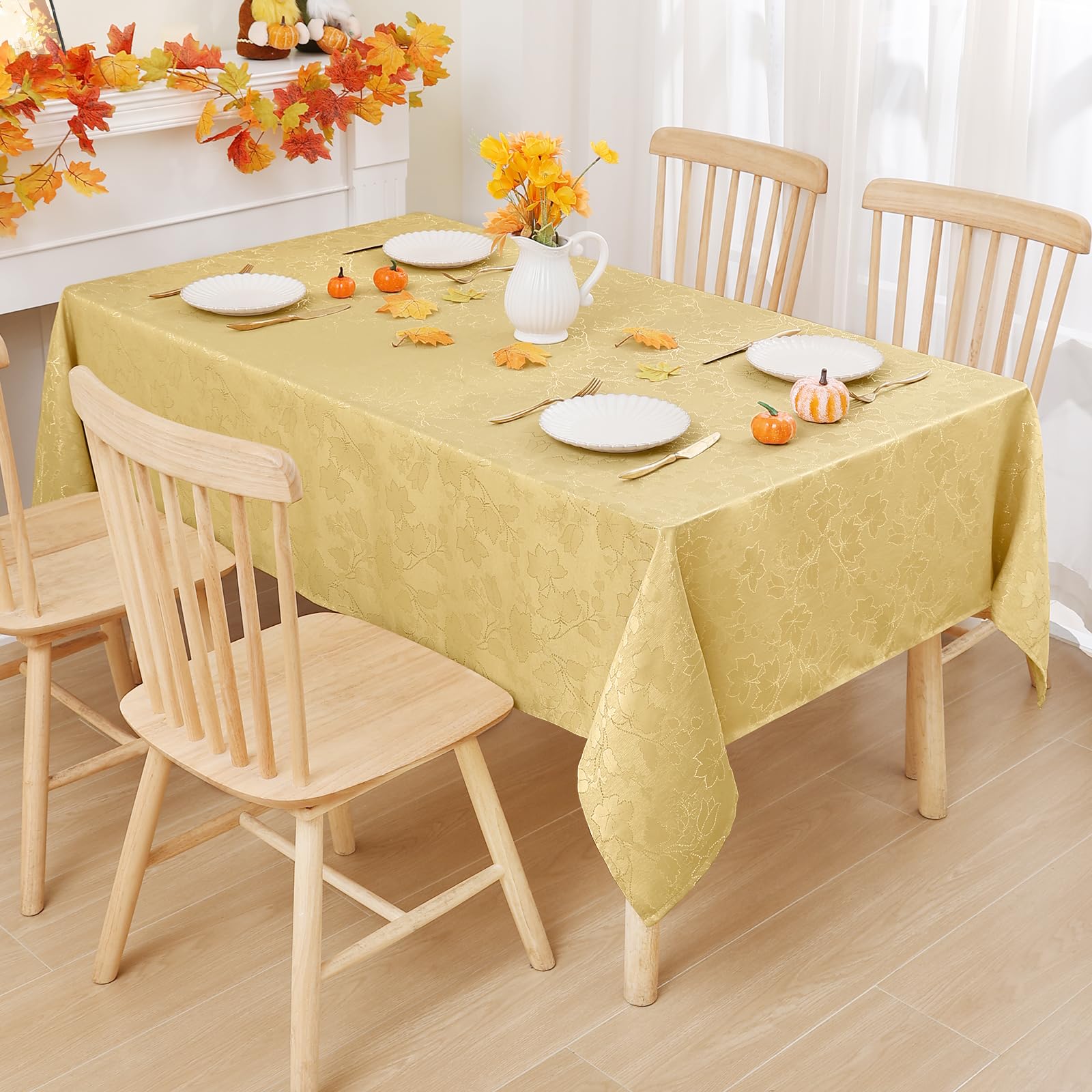 misaya Rectangle Fall Jacquard Tablecloth, Maple Leaf Damask Table Cloth, Waterproof Fabric Table Cover for Harvest and Thanksgiving Decorations (60" x 120", Yellow)