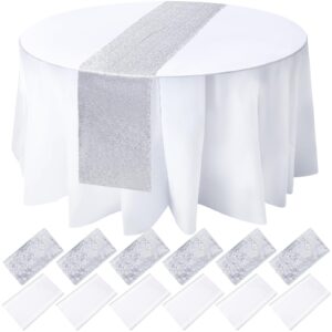 Newwiee 12 Pack Round Plastic Tablecloth 84 Inch with Glitter Sequin Table Runner 12 x 108 Inch Disposable Waterproof Tablecloth for Parties Wedding Baby Shower(Silver, White)