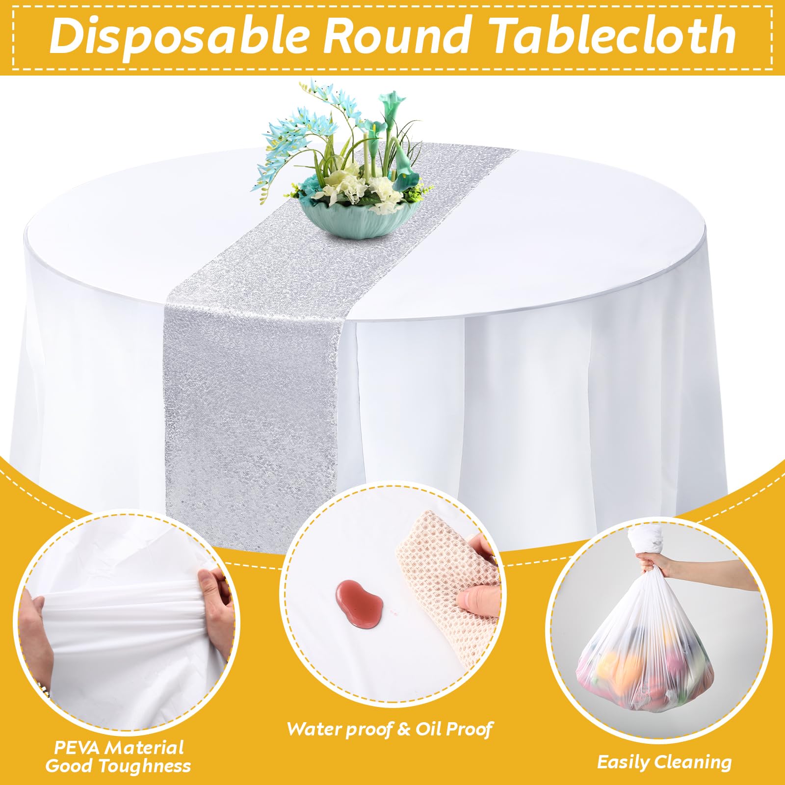 Newwiee 12 Pack Round Plastic Tablecloth 84 Inch with Glitter Sequin Table Runner 12 x 108 Inch Disposable Waterproof Tablecloth for Parties Wedding Baby Shower(Silver, White)