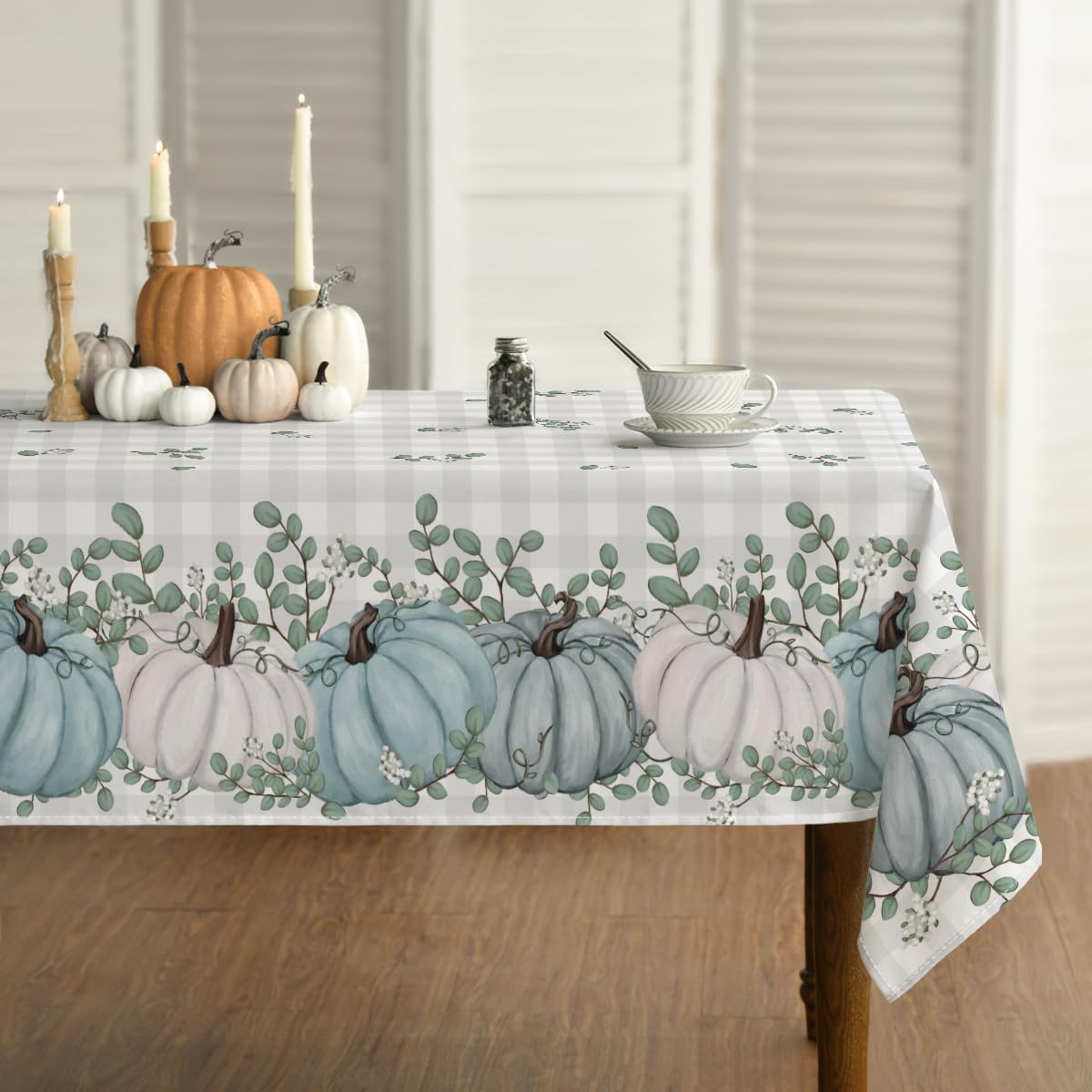 Horaldaily Fall Tablecloth 60x140 Inch Rectangular, Thanksgiving Autumn Harvest Blue Pumpkin Buffalo Plaid Table Cover for Party Picnic Dinner Decor