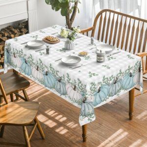 Horaldaily Fall Tablecloth 60x140 Inch Rectangular, Thanksgiving Autumn Harvest Blue Pumpkin Buffalo Plaid Table Cover for Party Picnic Dinner Decor