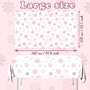 GREHUMOR 3pcs Snowflake Winter Tablecloth Party Decoration Winter Snowflake Pink White Wonderland Theme Table Cover Disposable Plastic Waterproof for Christmas Holiday Birthday Party Supplies