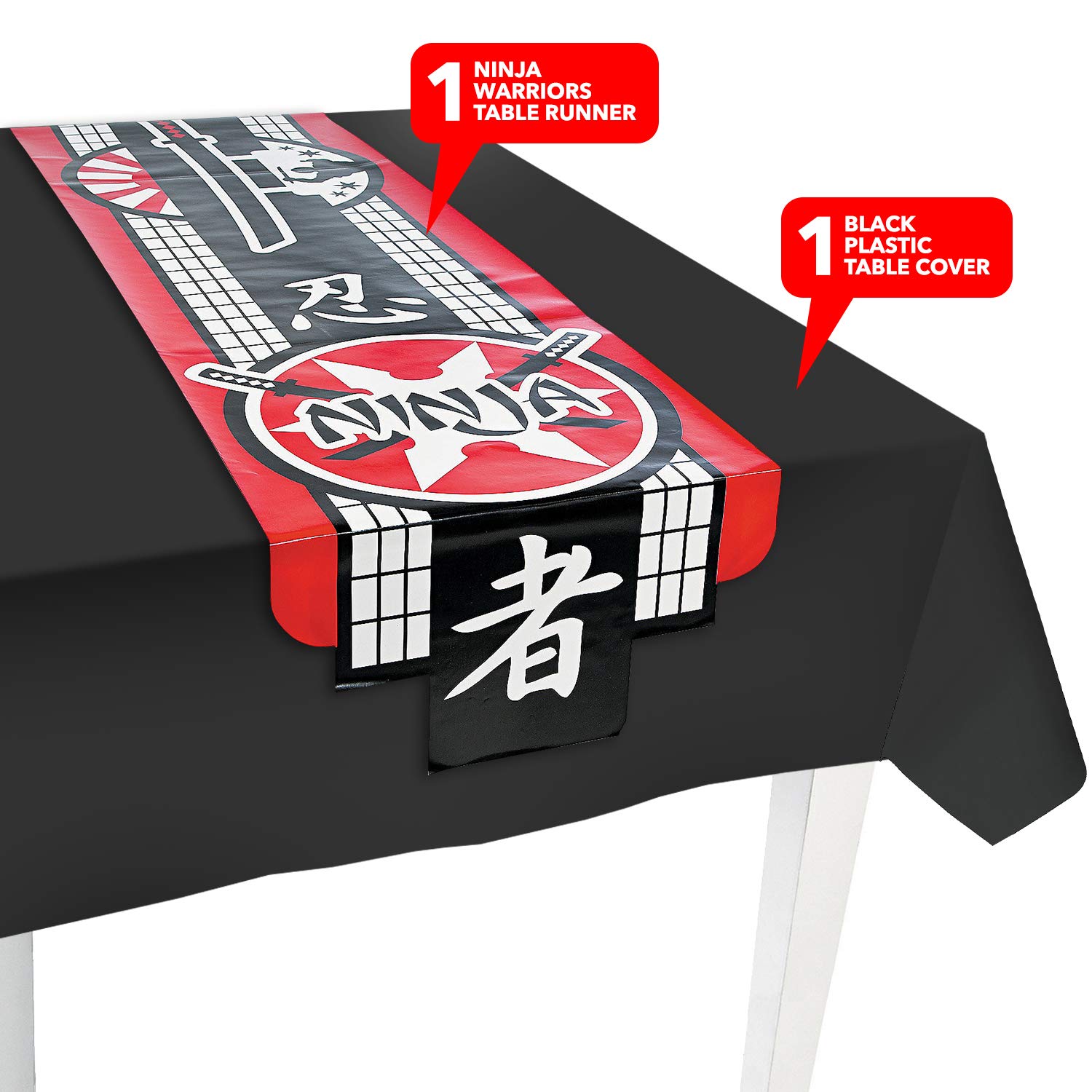 HOME & HOOPLA Ninja Party Supplies - Ninja Warrior Table Runner and Black Tablecover Set for Birthdays and Ninja-Themed Parties