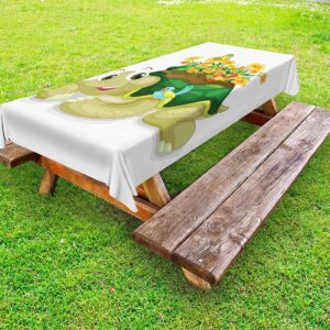 Lunarable Reptile Outdoor Tablecloth, Funny Floral Turtle Talking Colorful Humming Birds Tortoise Ninja Inspired Print, Decorative Washable Picnic Table Cloth, 58" X 104", Multicolor