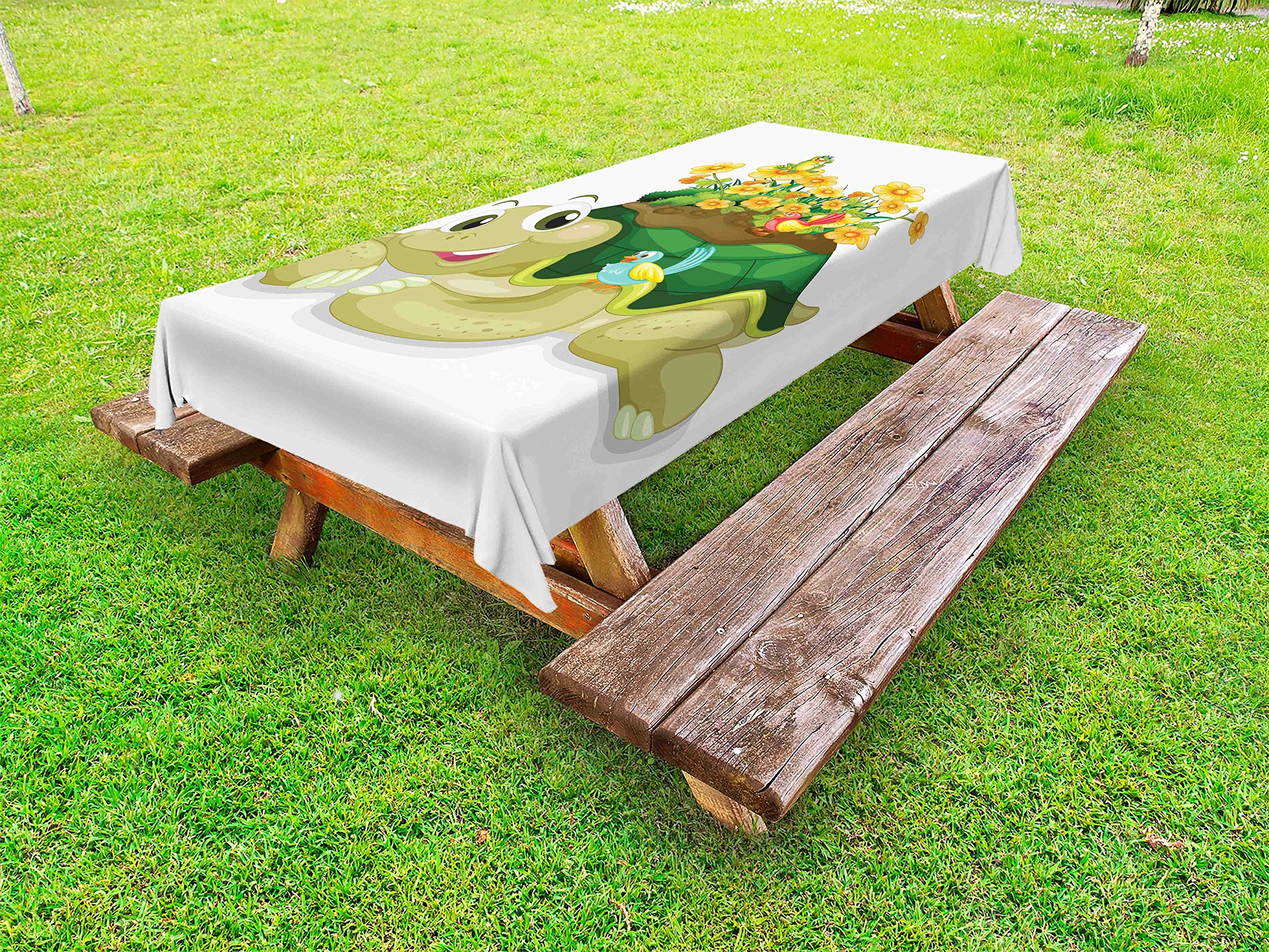 Lunarable Reptile Outdoor Tablecloth, Funny Floral Turtle Talking Colorful Humming Birds Tortoise Ninja Inspired Print, Decorative Washable Picnic Table Cloth, 58" X 104", Multicolor