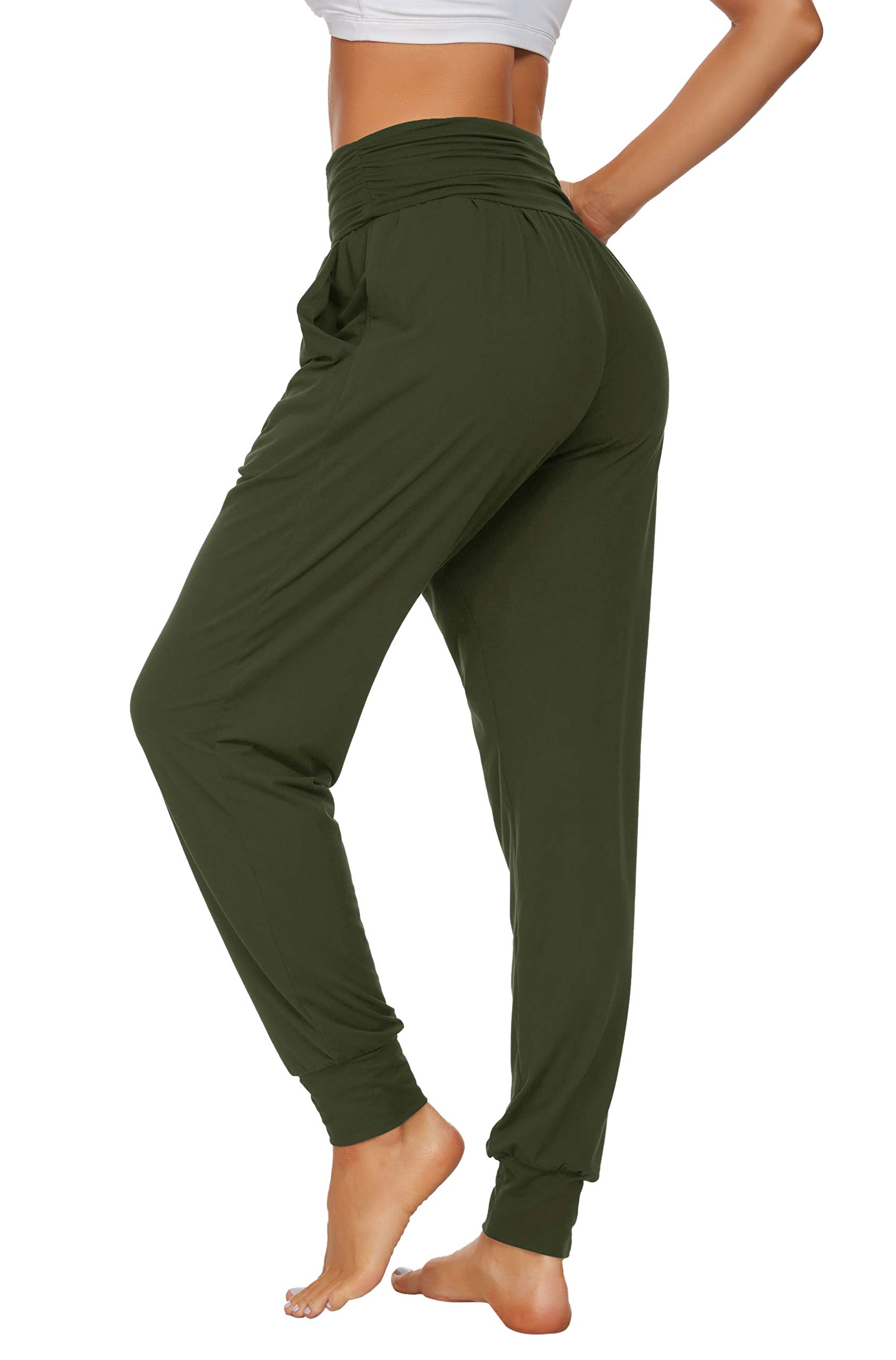 UEU Women's High Waisted Yoga Pants Super Soft joggers Loose Fitting Fit Juniors Workout Lounge Sweats Jogging Pants with Pockets(ArmyGreen,L)