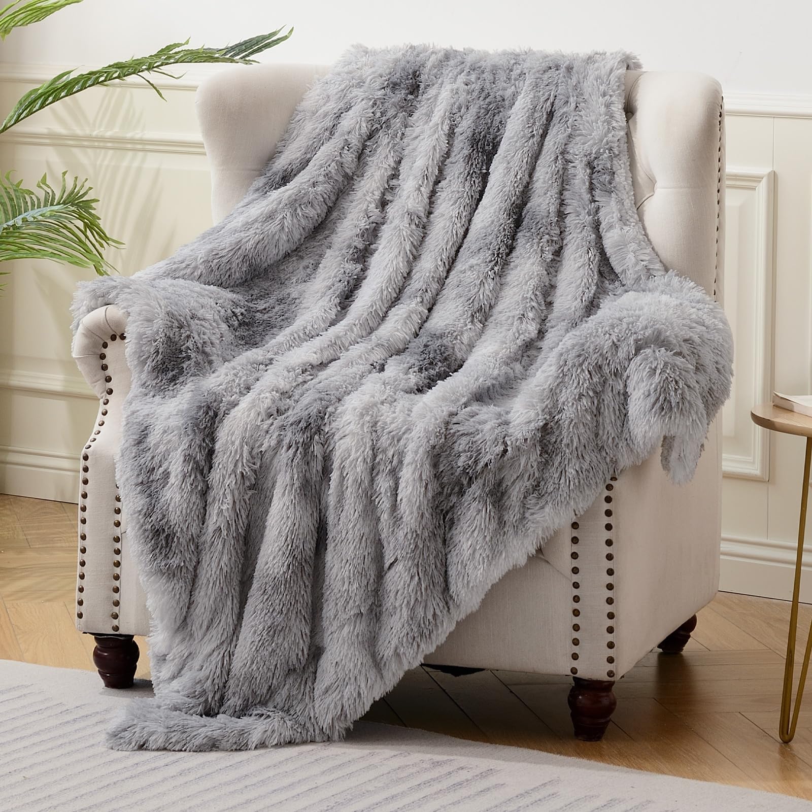 Exclusivo Mezcla Fuzzy Faux Fur Throw Blanket, Reversible Shaggy Sherpa Fleece Blankets,Fluffy Plush Warm Throws for Couch, Bed, 50x60 inches, Dark Grey