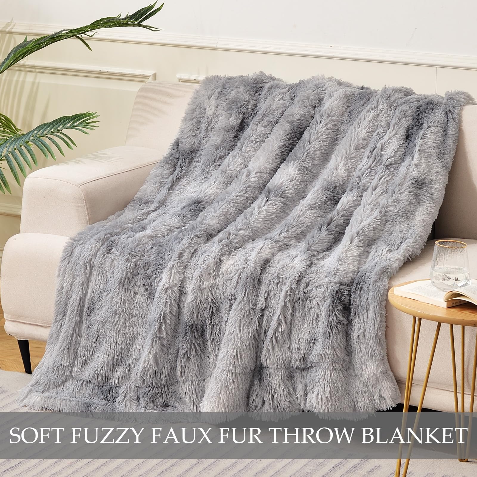 Exclusivo Mezcla Fuzzy Faux Fur Throw Blanket, Reversible Shaggy Sherpa Fleece Blankets,Fluffy Plush Warm Throws for Couch, Bed, 50x60 inches, Dark Grey