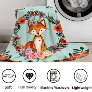 Fox Blanket Flower Fox Print Throw Blanket Super Soft Flannel Blankets Gifts for Kids Adults 60"x50"