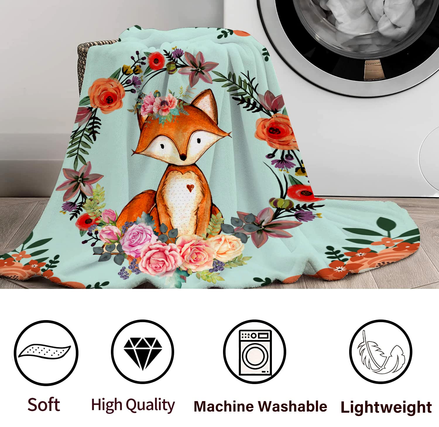 Fox Blanket Flower Fox Print Throw Blanket Super Soft Flannel Blankets Gifts for Kids Adults 60"x50"