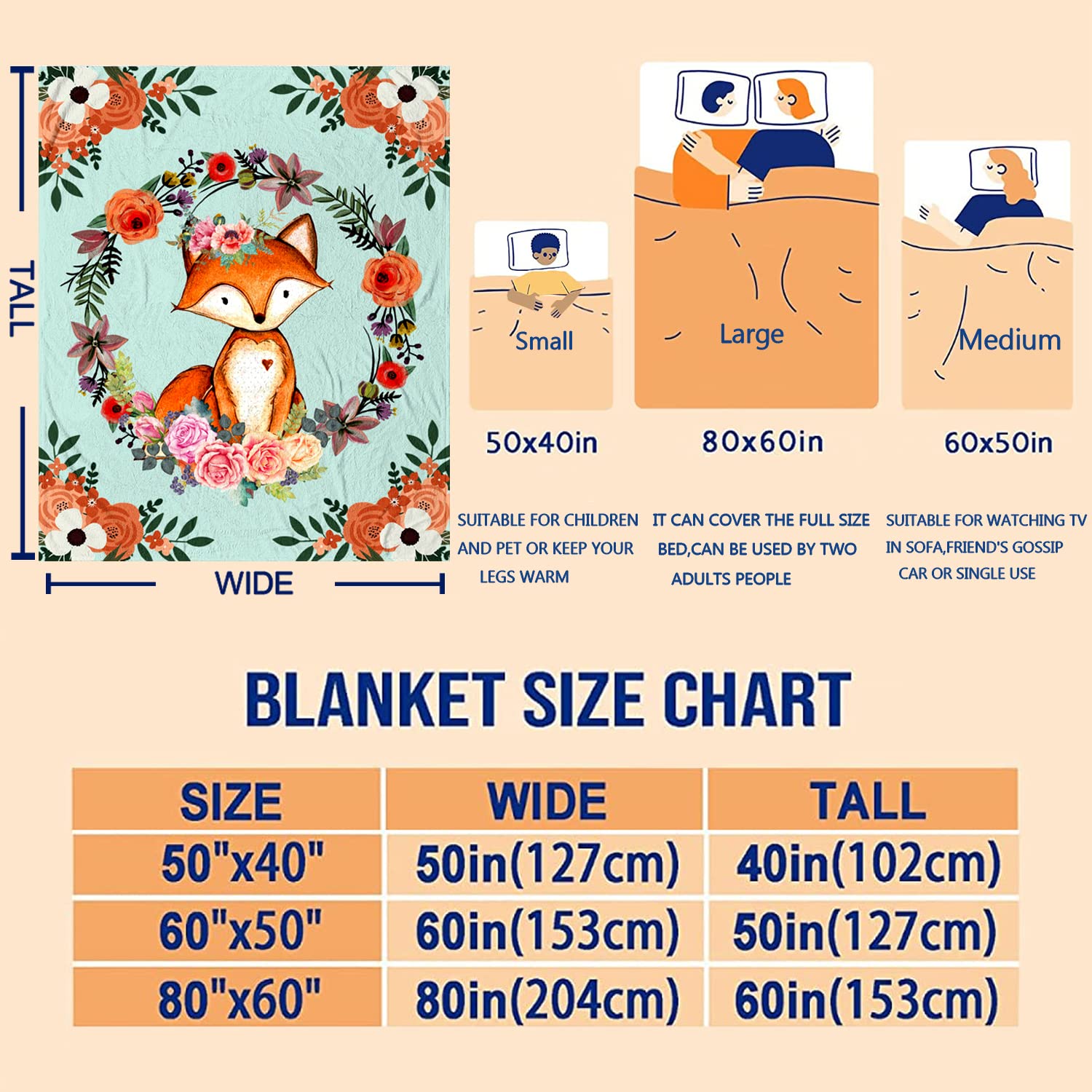 Fox Blanket Flower Fox Print Throw Blanket Super Soft Flannel Blankets Gifts for Kids Adults 60"x50"