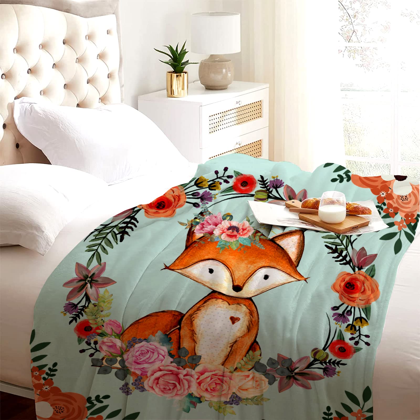 Fox Blanket Flower Fox Print Throw Blanket Super Soft Flannel Blankets Gifts for Kids Adults 60"x50"