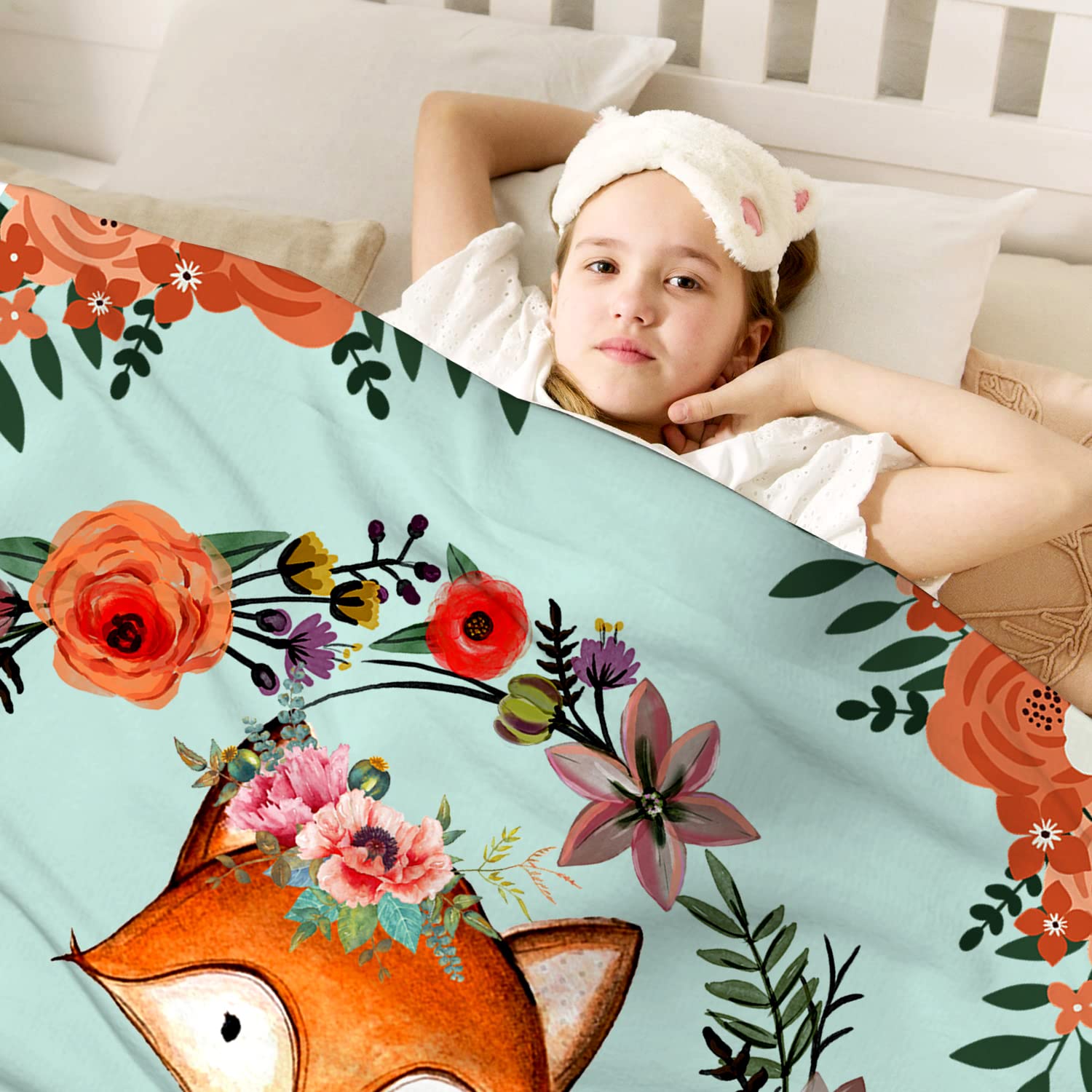 Fox Blanket Flower Fox Print Throw Blanket Super Soft Flannel Blankets Gifts for Kids Adults 60"x50"