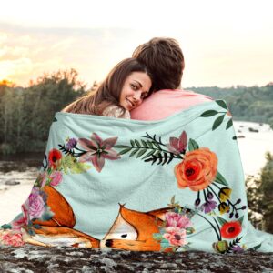 Fox Blanket Flower Fox Print Throw Blanket Super Soft Flannel Blankets Gifts for Kids Adults 60"x50"