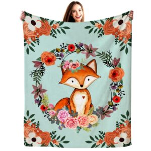 Fox Blanket Flower Fox Print Throw Blanket Super Soft Flannel Blankets Gifts for Kids Adults 60"x50"