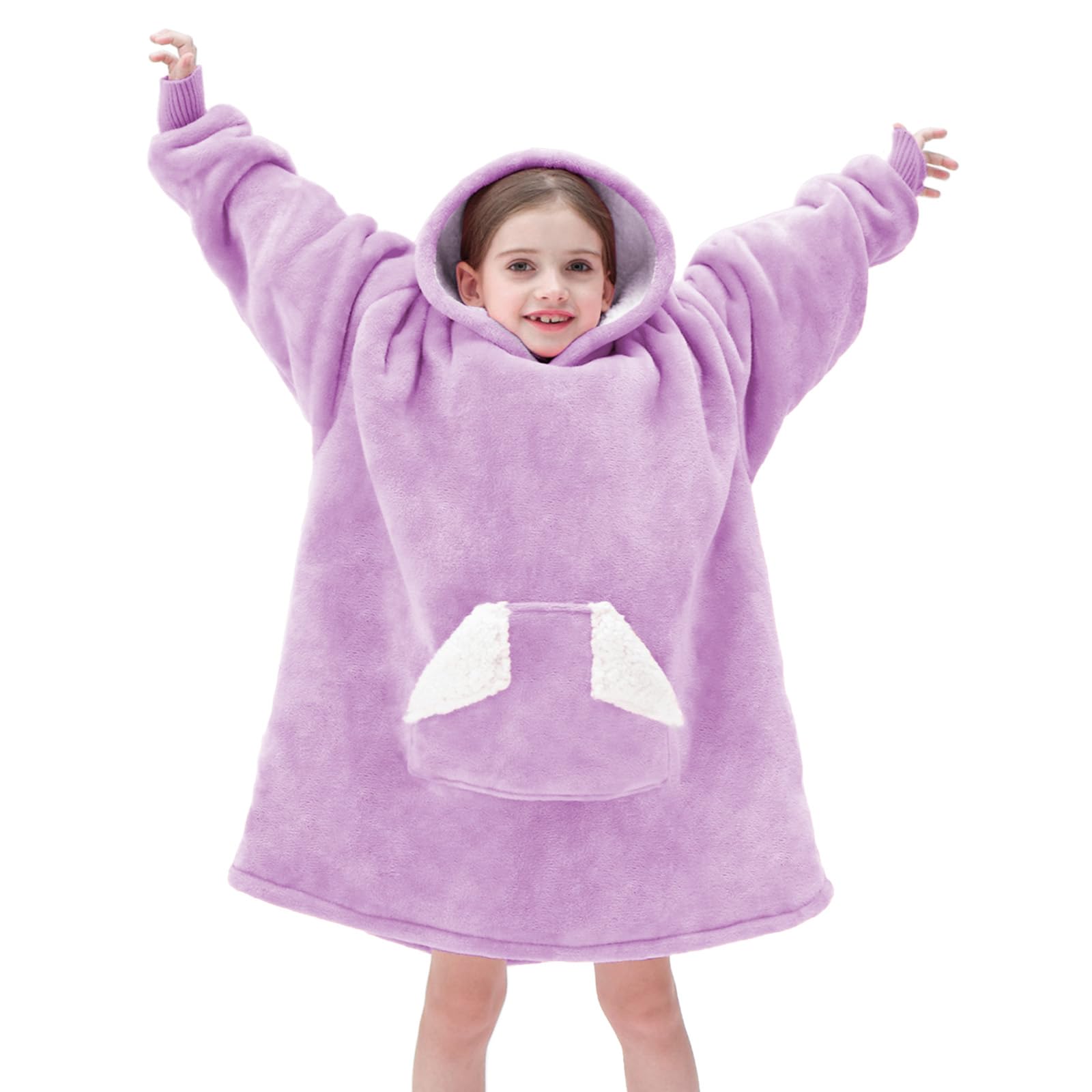 Touchat Wearable Blanket Hoodie, Oversized Sherpa Blanket Sweatshirt with Hood Pocket and Sleeves, Super Soft Warm Plush Hooded Blanket for Kids, One Size Fits All (Purple)