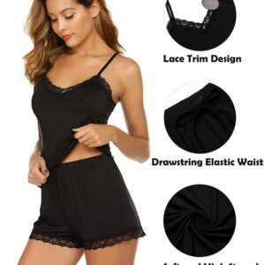 Avidlove Women's Shorts Pajama Set Cotton Sleepwear Lace Trim Pjs Set with Shorts (Black,M)