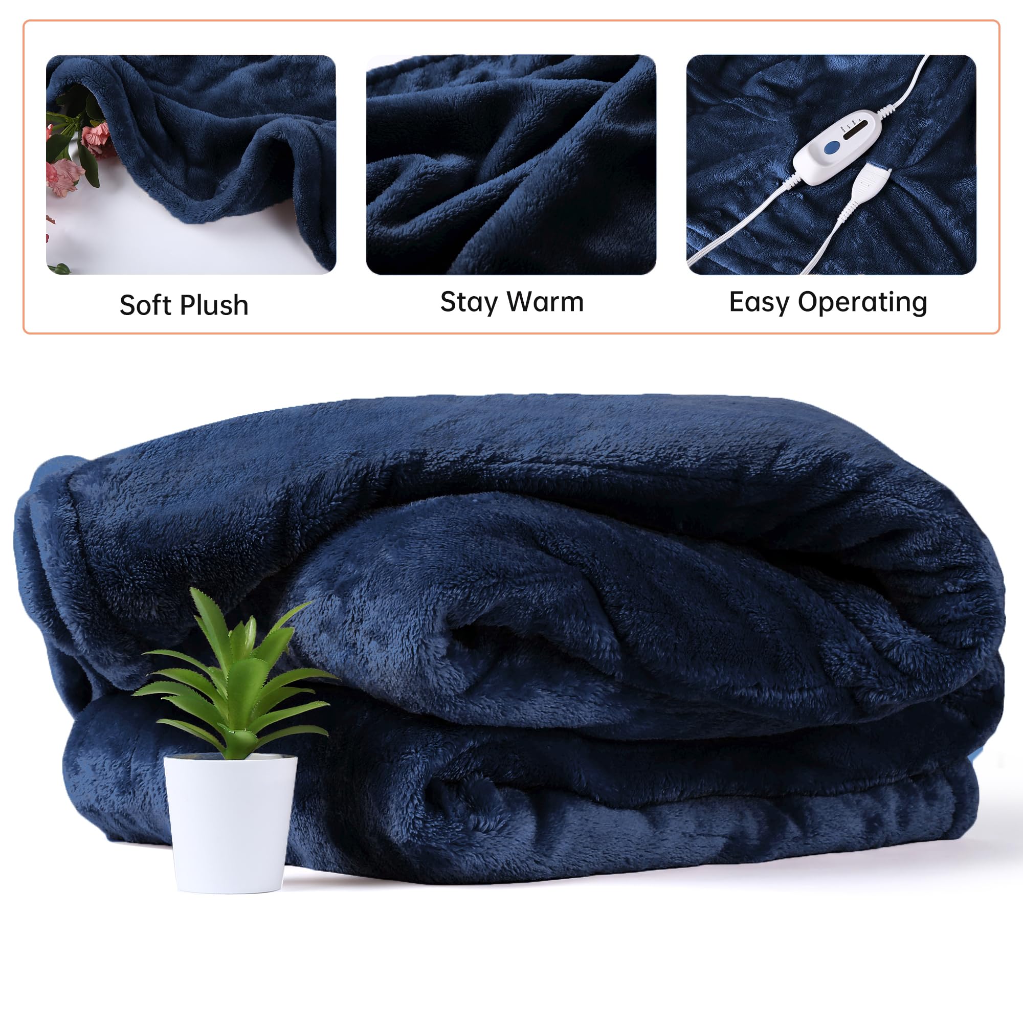 Heated Blanket, Full Size Electric Blanket 72"x84", with 4 Fast Heating Levels and 10 Hours Auto Shut-Off, ETL Certification, Super Soft Flannel, Office and Home Use, Navy Blue