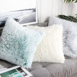 Uhomy Home Decorative Luxury Series Super Soft Style Artificial Fur Throw Pillow Case Cushion Cover Fluffy Double Side for Sofa/Bed, Cream 18x18 Inch 45x45 cm Set of 2