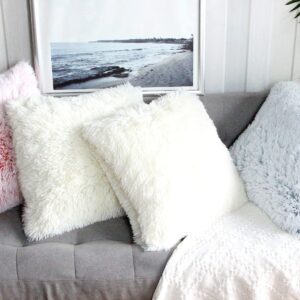 Uhomy Home Decorative Luxury Series Super Soft Style Artificial Fur Throw Pillow Case Cushion Cover Fluffy Double Side for Sofa/Bed, Cream 18x18 Inch 45x45 cm Set of 2