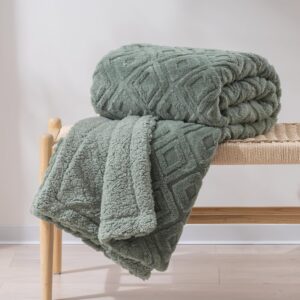 evergrace jacquard boho sherpa fleece throw blanket for couch, super soft cozy fuzzy plush blankets for winter, reversible thick warm blanket for bed, sofa, living room, sage green, 50" x 60"