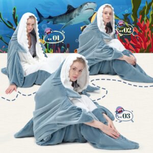 Touchat Shark Blanket for Adult Super Soft Cozy Flannel Throw Wearable Blanket, Cartoon Animals Shark Blanket Hoodie, Sleeping Bag Cosplay Shark Costume Blanket Gifts for Shark Lovers (Blue,M)