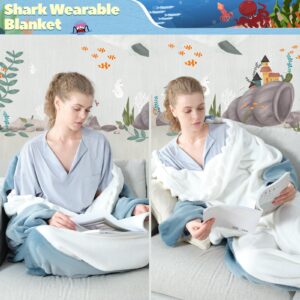 Touchat Shark Blanket for Adult Super Soft Cozy Flannel Throw Wearable Blanket, Cartoon Animals Shark Blanket Hoodie, Sleeping Bag Cosplay Shark Costume Blanket Gifts for Shark Lovers (Blue,M)