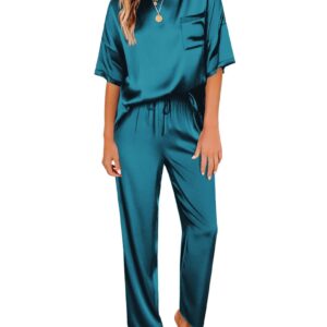 Ekouaer Womens Silk Satin Pajamas Set Two Piece Pj Sets Sleepwear Loungewear Short Sleeve Pj Sets Green