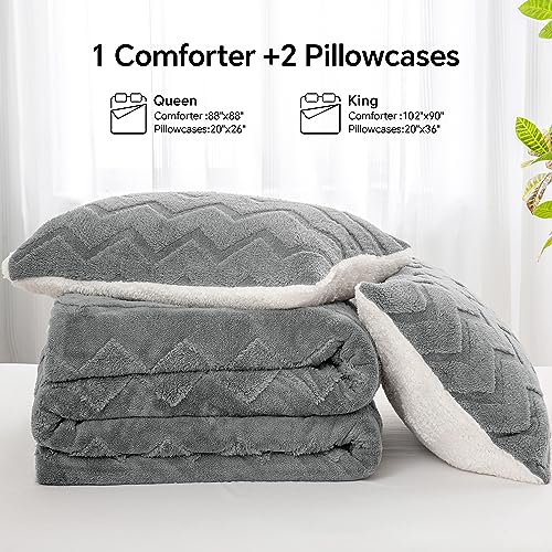 BEDELITE Fluffy King Size Comforter Set - Super Soft Sherpa Grey Comforter for King Size Bed, Luxury Warm Bedding Set for Winter, Fuzzy Bed Set 3 pieces (1 Comforter, 2 Pillowcases)