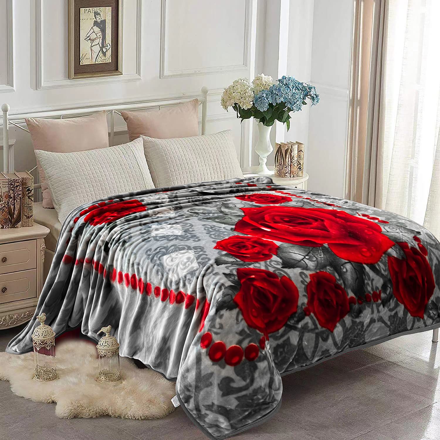 JYK Korean Style Mink Fleece Blanket 75"x87", 5 LB - 2 Ply Reversible 520GSM Silky Soft Plush Warm Blanket for Autumn Winter (Queen, Grey/Red Rose)