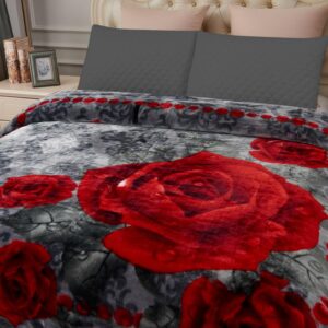 JYK Korean Style Mink Fleece Blanket 75"x87", 5 LB - 2 Ply Reversible 520GSM Silky Soft Plush Warm Blanket for Autumn Winter (Queen, Grey/Red Rose)