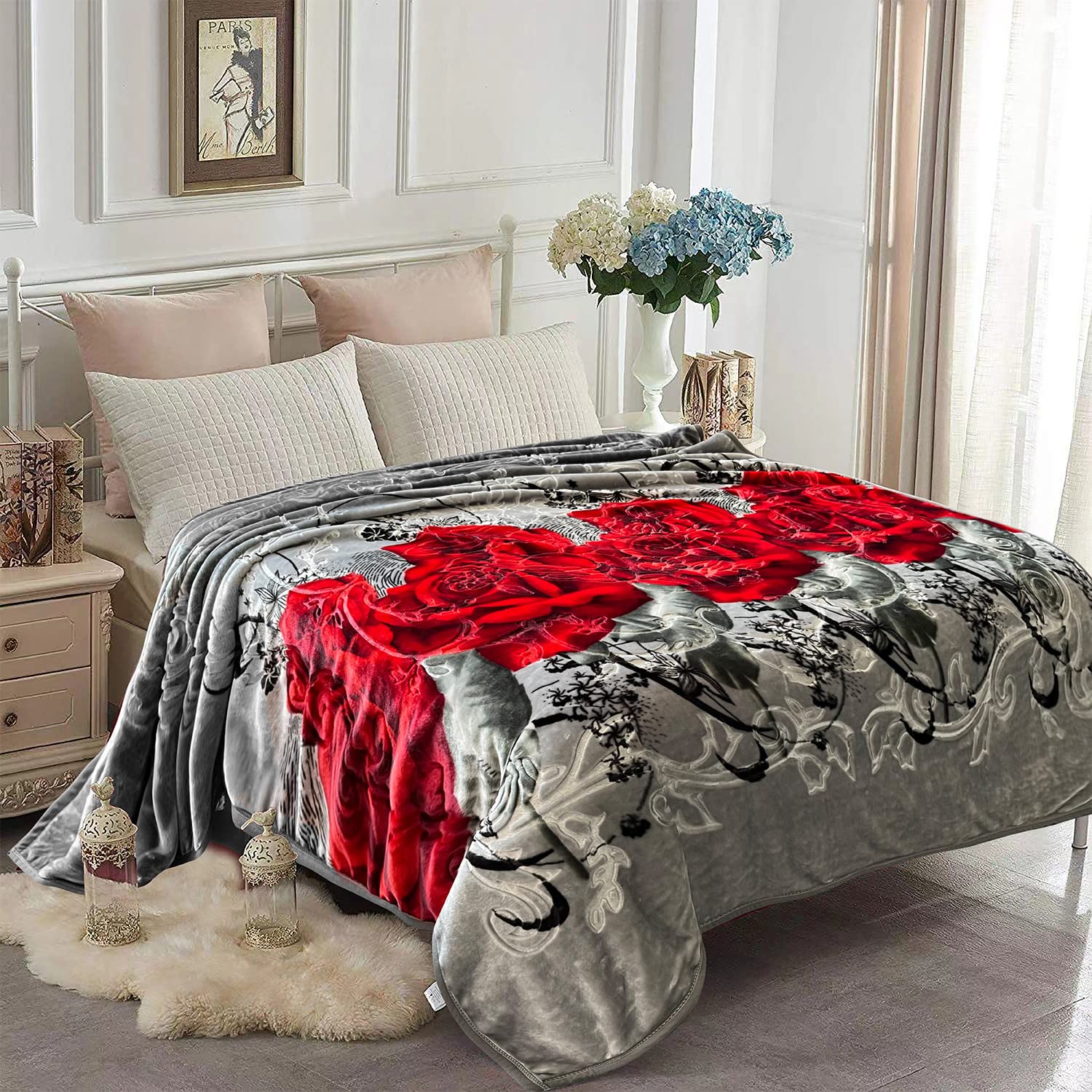 JYK Korean Style Mink Fleece Blanket 75"x87", 5 LB - 2 Ply Reversible 520GSM Silky Soft Plush Warm Blanket for Autumn Winter (Queen, Grey/Red Rose)