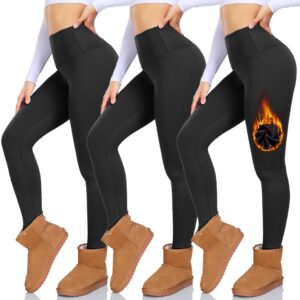 high waisted fleece lined leggings for women no see-through-soft athletic tummy control black pants for running yoga workout(3 pack black,l-xl)