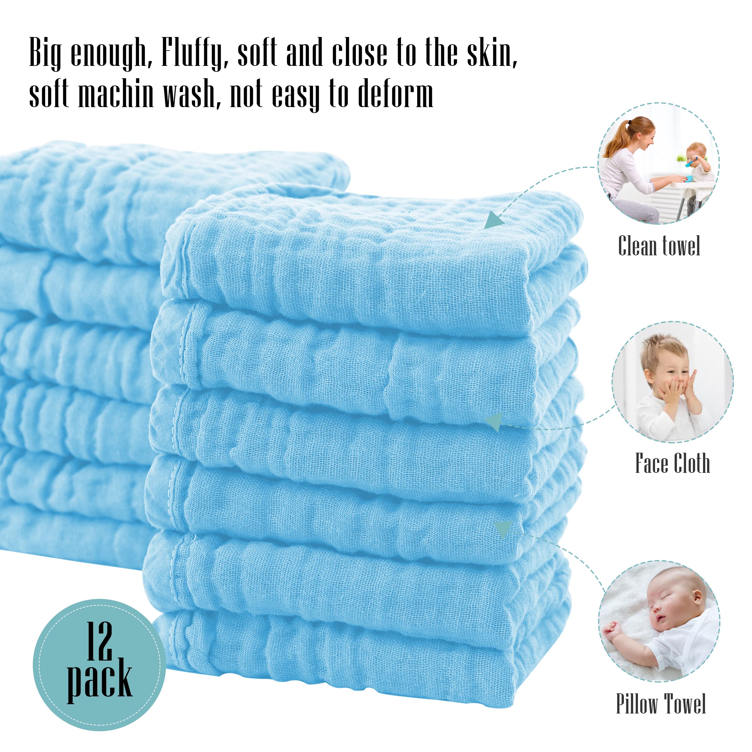 Cute Castle 12 Pack Muslin Burp Cloths for Baby - Ultra-Soft 100% Cotton Baby Washcloths - Large 20'' by 10'' Super Absorbent Milk Spit Up Rags - Burpy Cloths for Unisex, Boy, Girl - Aquamarine