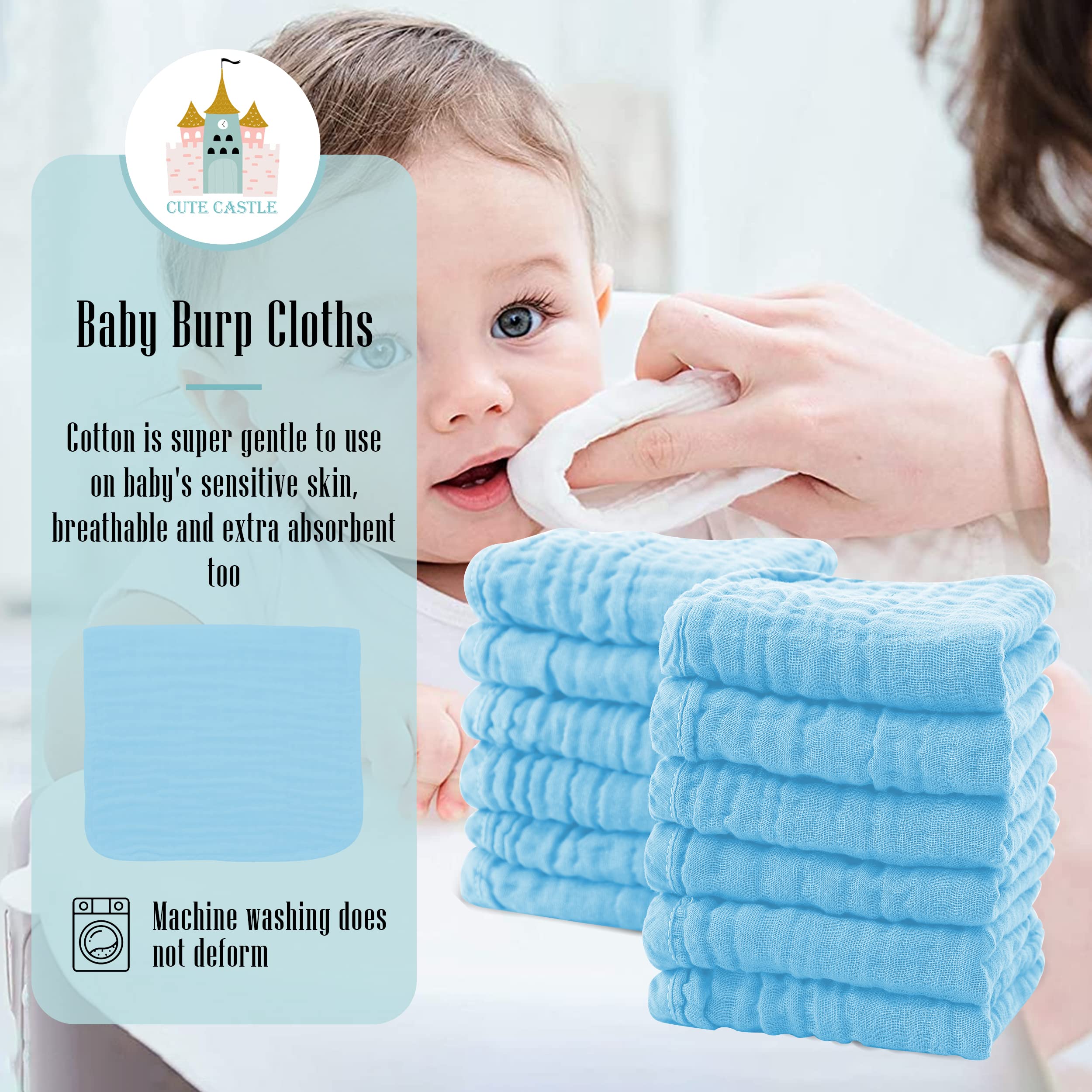 Cute Castle 12 Pack Muslin Burp Cloths for Baby - Ultra-Soft 100% Cotton Baby Washcloths - Large 20'' by 10'' Super Absorbent Milk Spit Up Rags - Burpy Cloths for Unisex, Boy, Girl - Aquamarine