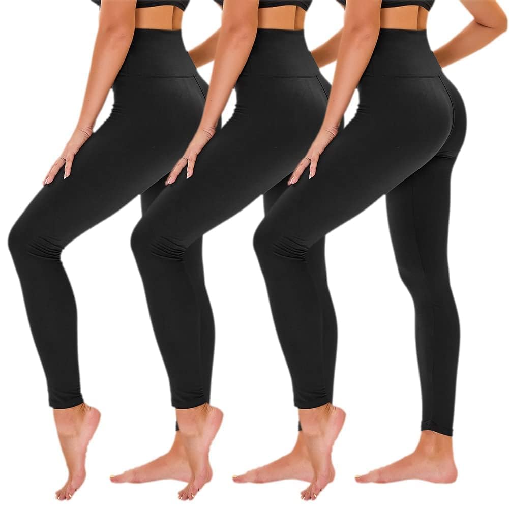 High Waisted Leggings for Women - No See Through Tummy Novelty Workout Yoga Pants with Pockets Reg & Plus Black/Black/Black