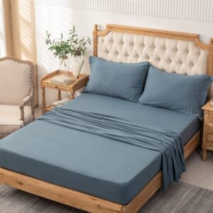 PURE ERA Jersey Knit 4pc Bed Sheet Set 100% T-Shirt Cotton Super Soft Comfy Breathable Fits Mattress Up to 20" Extra Deep Pocket (Solid Cerulean Blue, King)