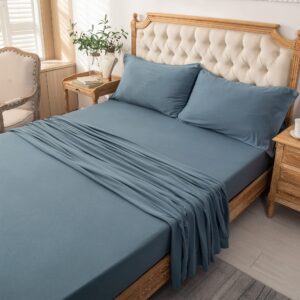 PURE ERA Jersey Knit 4pc Bed Sheet Set 100% T-Shirt Cotton Super Soft Comfy Breathable Fits Mattress Up to 20" Extra Deep Pocket (Solid Cerulean Blue, King)