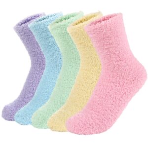 zando women's winter fuzzy warm crew sock microfiber cozy sleeping plush socks thick fluffy slipper sock casual super soft home sock 5 pairs rainbow solid one size