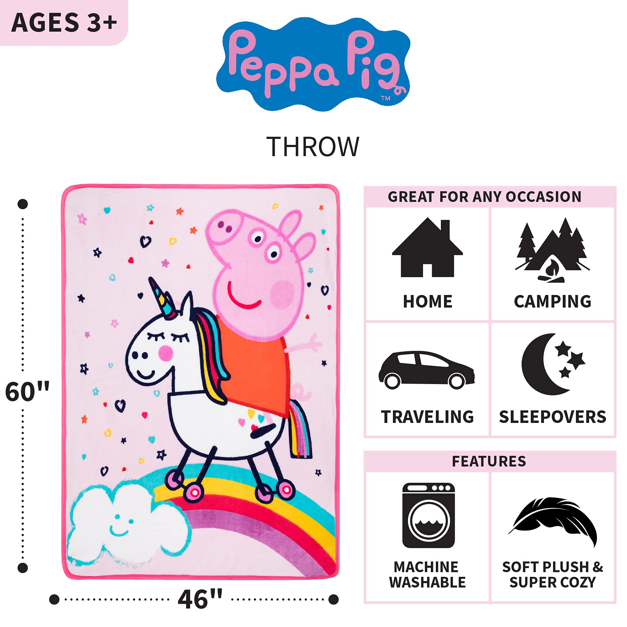 Peppa Pig Kids Bedding Super Soft Micro Raschel Throw, 46 in x 60 in, By Franco, Prints May Vary