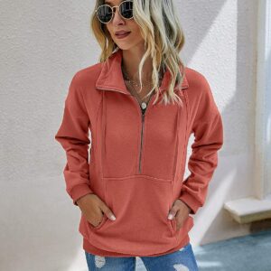 PRETTYGARDEN Women’s Casual Long Sleeve Lapel Zipper Sweatshirt Drawstring Loose Pullover Tops Orange Red